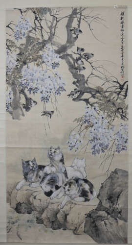 程璋 猫石图 A Chinese Cat Stone Painting, Cheng Zhang Mark