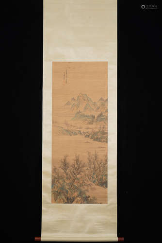 王翚 山水图轴 A Chinese Landscape Painting Silk Scroll, Wang Hui Mark