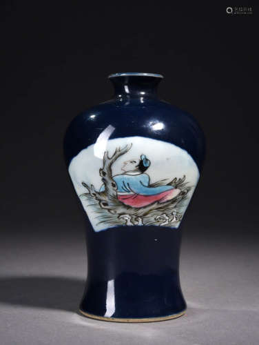 祭蓝开光人物梅瓶 A Chinese Altar Blue Glazed Porcelain Vase