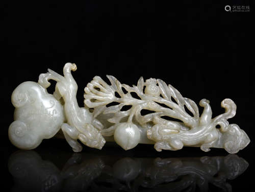 白玉双螭献瑞如意 A Chinese Carved White Jade Ruyi Ornament