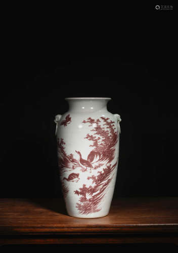 釉里红芦雁双耳瓶 A Chinese Underglazed Red Double Ears Porcelain Vase