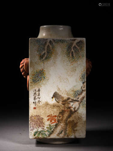 浅绛彩花鸟兽耳诗文琮式瓶 A Chinese Floral Light Colorful Porcelain Vase