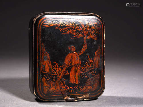 木漆描金访龙对弈图盖盒 A Chinese lacquerware Wood Box with Cover