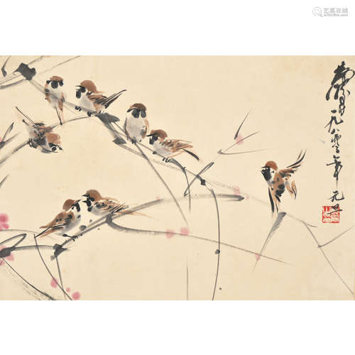 黄胄、枝头群雀 A Chinese Birds Painting Scroll, Huang Zhou Mark