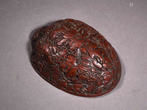 剔红瓜型兔纹器物盖 A Chinese Carved Red Lacquerware Utensil Cover