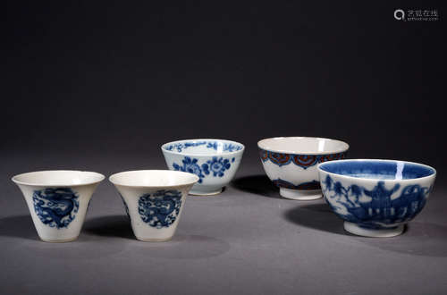 青花茶杯五只 5pcs Chinese Blue and White Floral Porcelain Cups