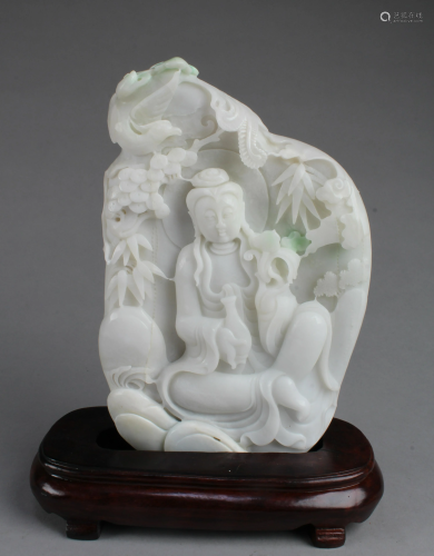 A Carved Jade Guanyin Statue With Stand