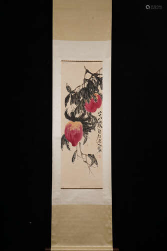 齐白石 大寿图 A Chinese Shou Peach Painting, Qi Baishi Mark