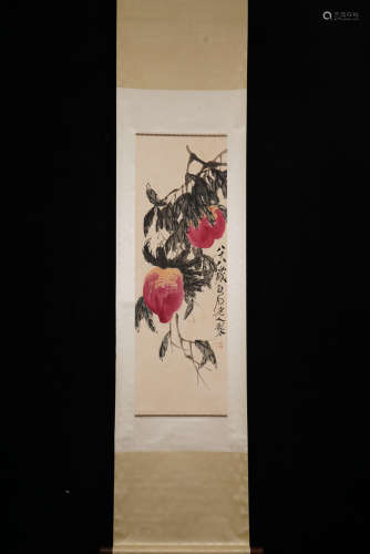 齐白石 大寿图 A Chinese Shou Peach Painting, Qi Baishi Mark