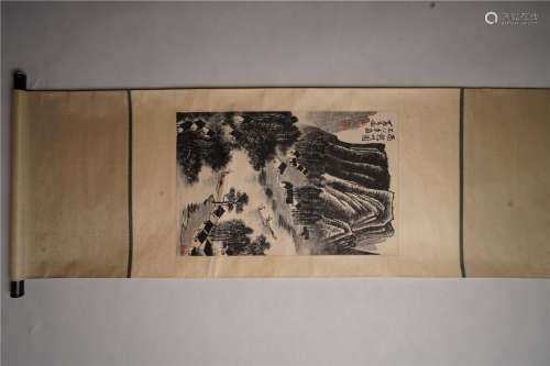李可染 雨后山图轴 A Chinese Landscape Painting Scroll, Li Keran Mark
