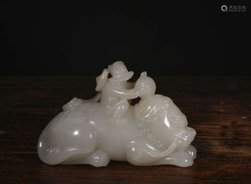 白玉胡人骑兽 A Chinese Carved White Jade Beast Ornament