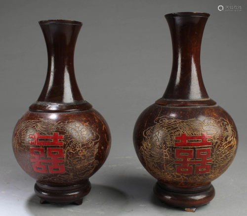 A Pair of Chinese Wooden Vases