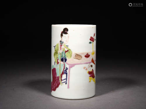 粉彩教子笔筒 A Chinese Famille Rose Porcelain Brush Pot