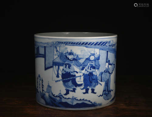 青花人物笔筒 A Chinese Blue and White Painted Porcelain Brush Pot