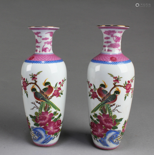 A Pair of Famille Rose Porcelain Vases