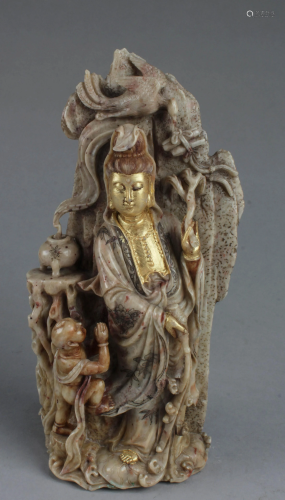 Chinese Carved Soaptone Guanyin Statue