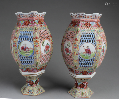 An Old Pair of Chinese Famille Rose Porcelain Lamp