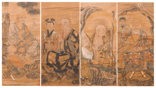 SET OF 4 CHINESE SILK PAINTING OF ARHAT FIGURES