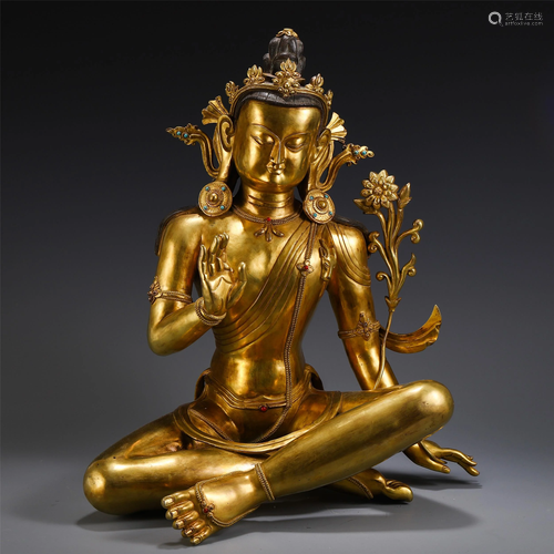 CHINESE GILT BRONZE SEATED AVALOKITESHVARA ST…