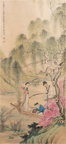 CHINESE PAINTING OF FIGURE RAFTING IN THE RIVE…