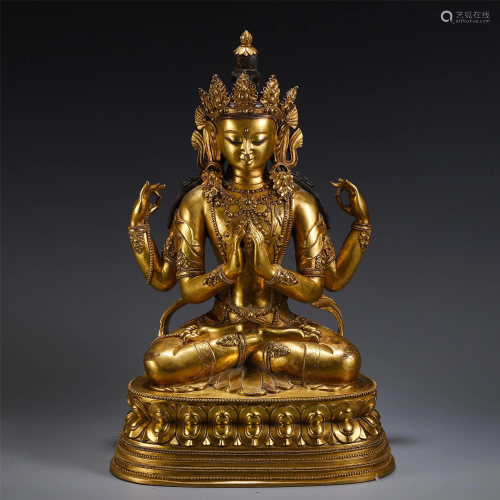 CHINESE GILT BRONZE FOUR ARM SEATED GUANYIN…