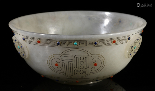 CHINESE INLAID GILT JADE CARVED BOWL