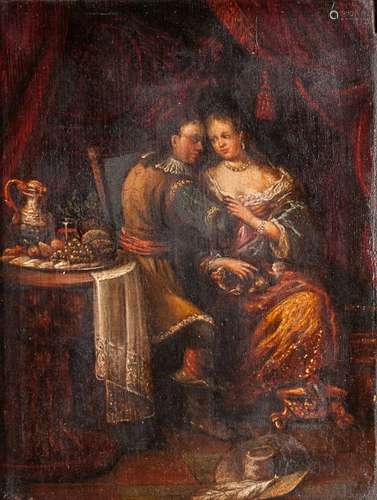 Dutch School, 17th/18th Century Courting Couple Seated Beside a Table Laden with Food and Drink