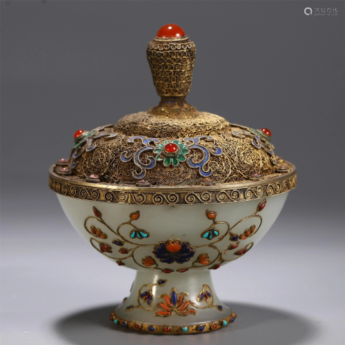 CHINESE GILT SILVER JADE INLAID CARVED LIDDED …