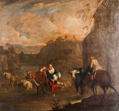 Dutch School, 17th Century Italianate Landscape with Figures and Livestock at a River