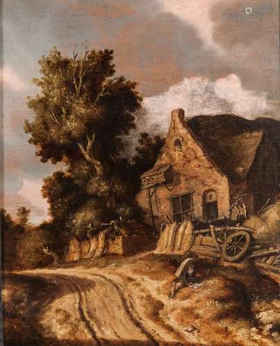 Dutch School, 19th Century Cart Path with Figure Reading in Front of a Cottage