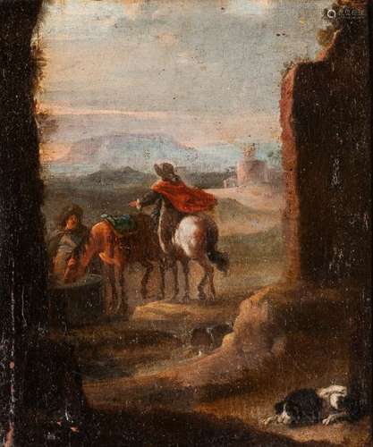 Manner of Philips Wouwerman (Dutch, 1619-1668) Two Horsemen and a Dog Resting by Ruins