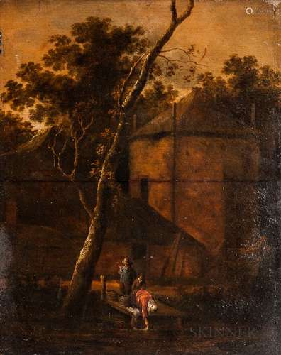 Dutch School, 17th Century Style Landscape with House and Three Figures Including a Laundress B