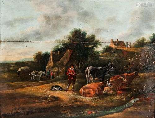 Dutch School, 17th Century Rural View with Figures, Cottages, and Domestic Animals