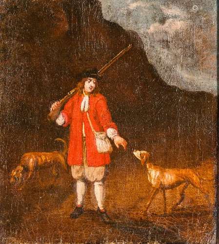 Dutch School, 17th Century Hunter with a Rifle over his Shoulder and Two Dogs