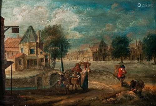 Attributed to Andreas Martin (Dutch, 1720-1767) Figures Heading to Market in a Dutch Town