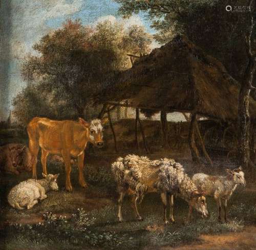 Attributed to Karel Dujardin (Dutch, 1626-1678) Cows and Sheep Beside a Shed