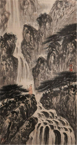 CHINESE PAINTING OF SCHOLAR AND WATERFALL IN…