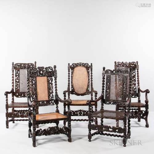 Five Carved and Caned High-back Open Armchairs