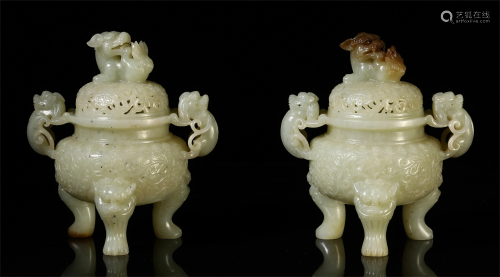 A PAIR OF CHINESE JADE CARVED DOUBLE BEAST …