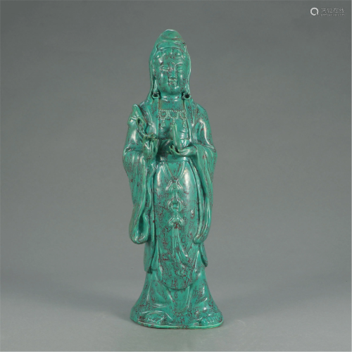 CHINESE GREEN GLAZE PORCLEAIN CARVED SEATED …