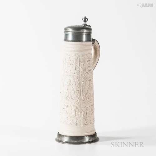 Pewter-mounted Unglazed White Stoneware Tankard