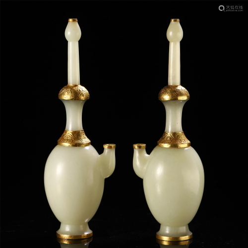 A PAIR OF CHINESE JADE CARVED INLAID GILT B…
