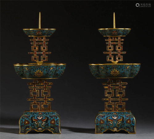 A PAIR OF CHINESE CLOISONNE FLOWER CANDL…
