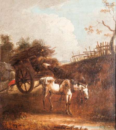 Dutch School, 17th Century Style Peasant at Rest with Draft Horses and a Laden Cart