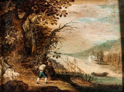 British School, 18th Century View Towards Vessels on a River with a Figure and Rider on the Ban