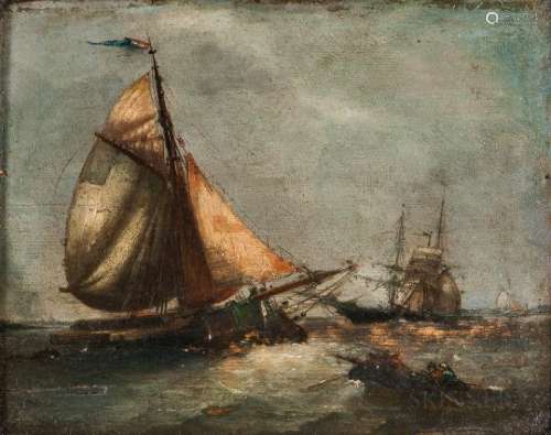 Dutch School, 18th Century Fishing Vessel with Patched Sails and Other Ships in Coastal Waters