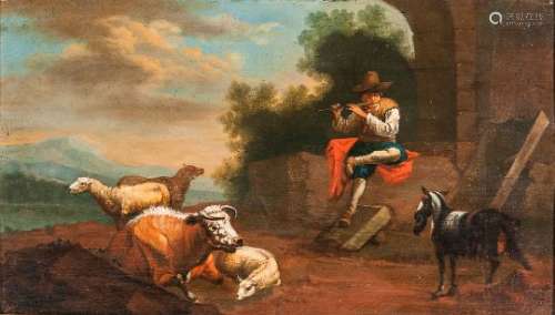 Dutch School, 19th Century Shepherd Boy Playing a Flute with Cow, Sheep, and a Goat