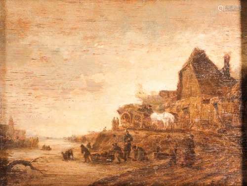 After Adriaen van Ostade (Dutch, 1610-1685) Landscape with Canal, Village Houses, and Figures o