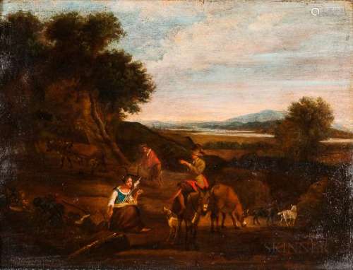 Dutch School, 17th Century Style Shepherdess with a Distaff with Other Figures and Animals in a