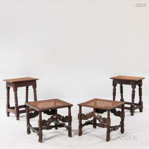 Two Oak Joint Stools and a Near Pair of Caned Stools